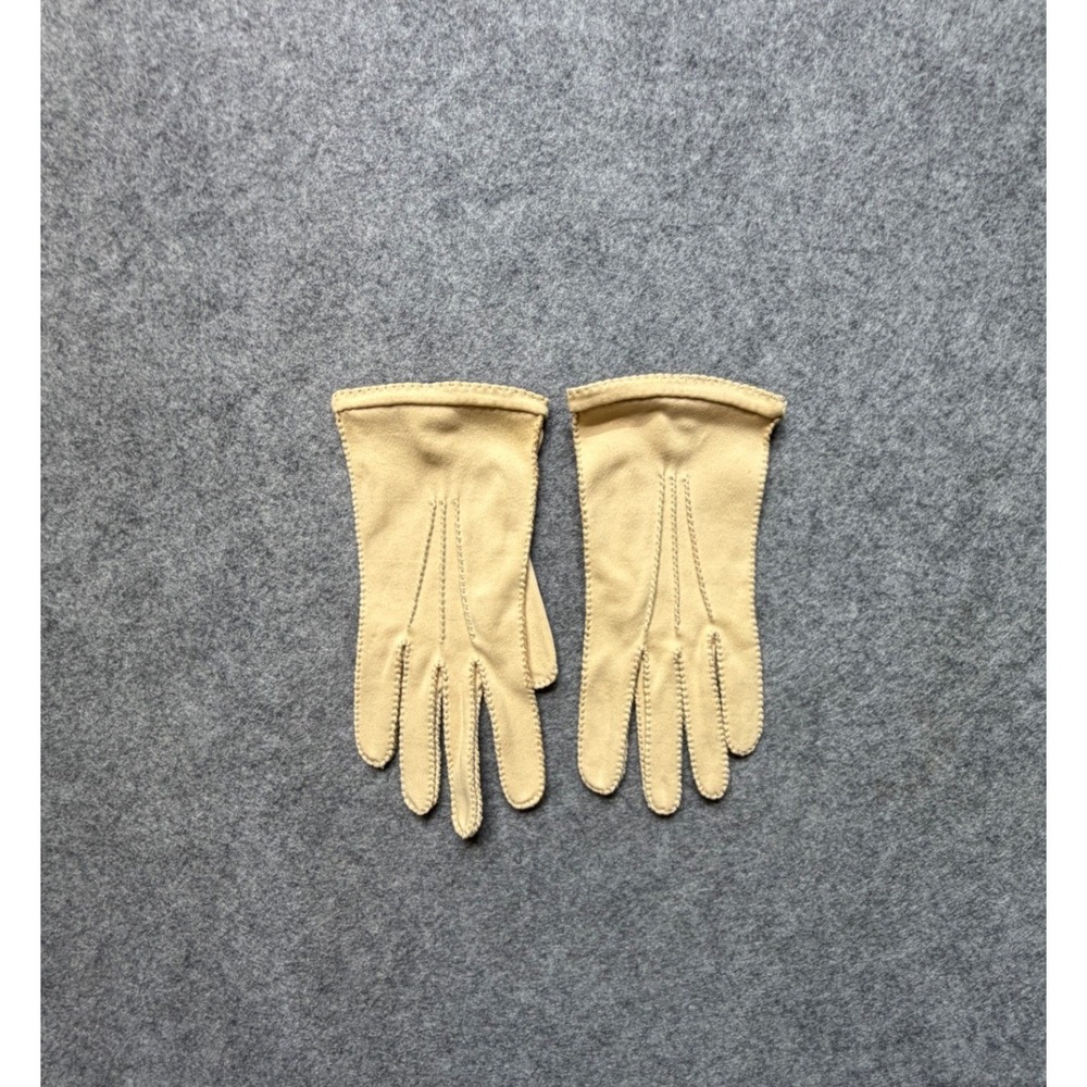 Vintage Wear-Right Tan Beige Wrist Gloves Size 6.5 Made in USA Knot Detail 1950s
